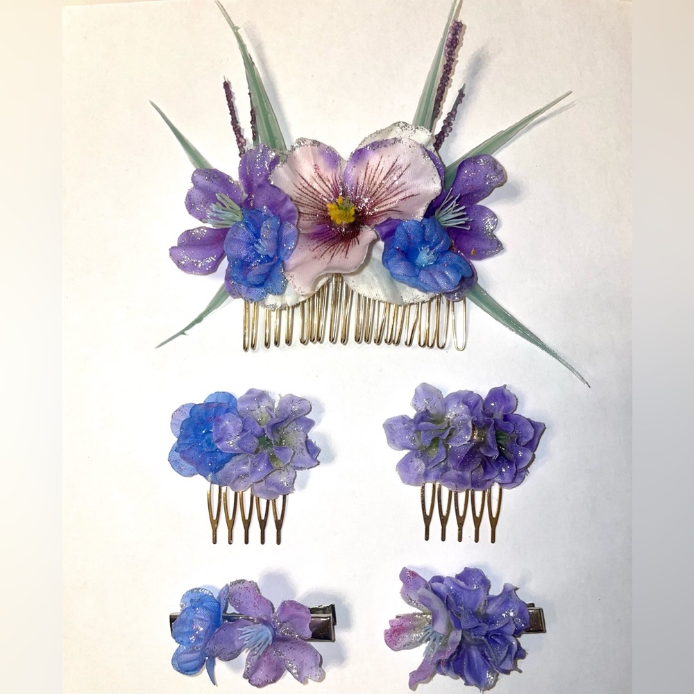 Handmade Floral Hair Comb Set - Purple and Blue